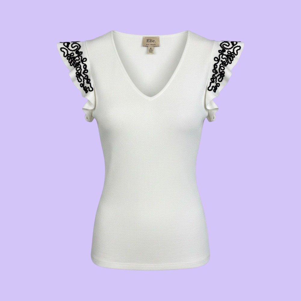 Elie Tahari Top Womens Small White Black Ruffle Sleeve Embroidered Knit V-Neck